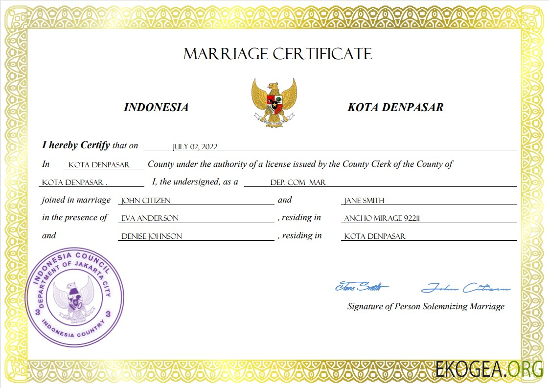 Modèle Word et PDF de certificat de mariage en Indonésie
